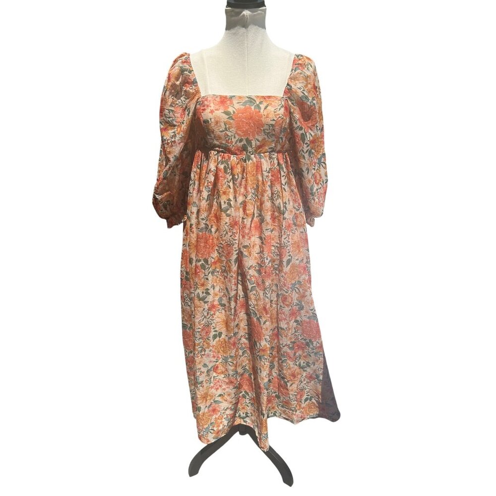 NWT Floral Puff Sleeve Midi Dress Size M Cottagecore Prairie Boho Festival